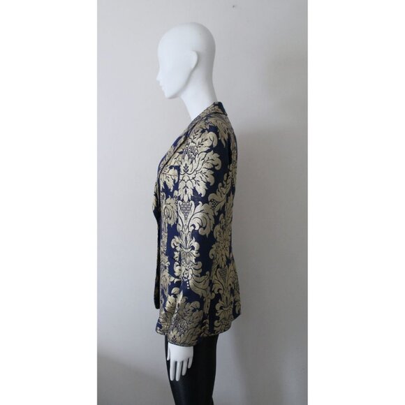 Moschino Jeans 90s Vintage Metallic Notch Collar Blazer Blue Gold Size 10 - Picture 2 of 12